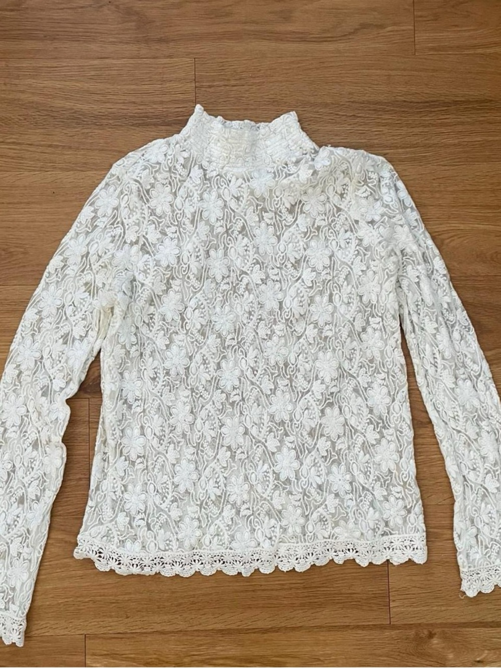 Free People Cream Floral Lace Long-Sleeve Mock Neck Top